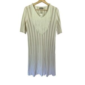 Falconeri Knit Dress Fringe Detail Striped Short Sleeve Beige‎ Cream Size S